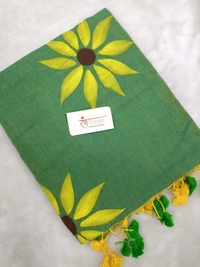 Rangdhaaga  Light Green With Yellow Floral Hand Painted Saree