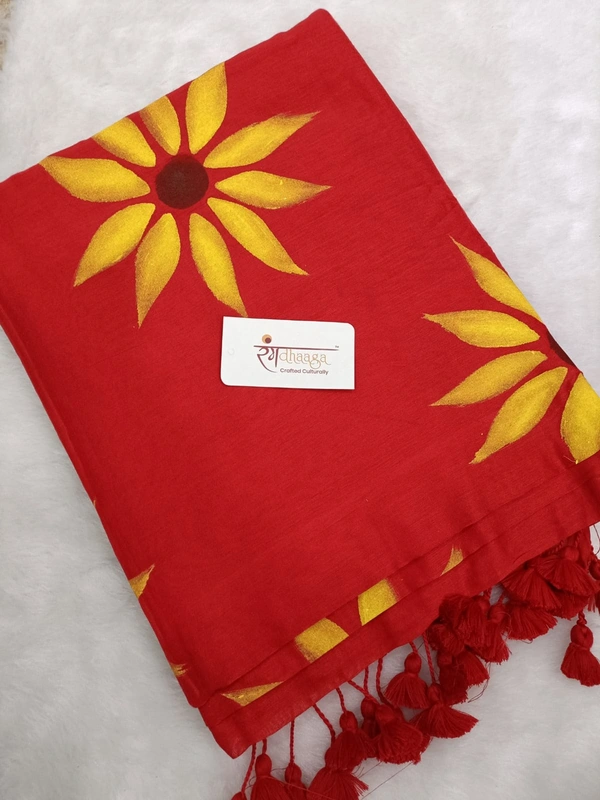 Rangdhaaga  Red With Yellow Floral Hand Painted Saree
