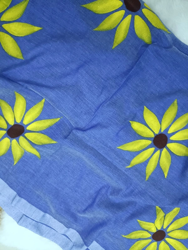 Rangdhaaga  Blue With Yellow Floral Hand Painted Saree