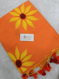Rangdhaaga  Orange With Yellow Floral Hand Painted Saree