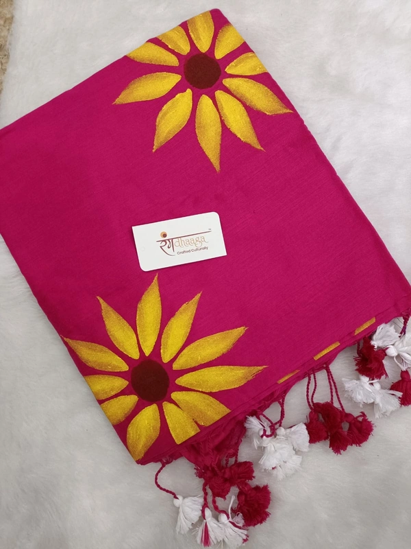 Rangdhaaga  Dark Pink With Yellow Floral Hand Painted Saree