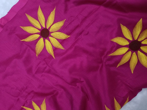 Rangdhaaga  Dark Pink With Yellow Floral Hand Painted Saree