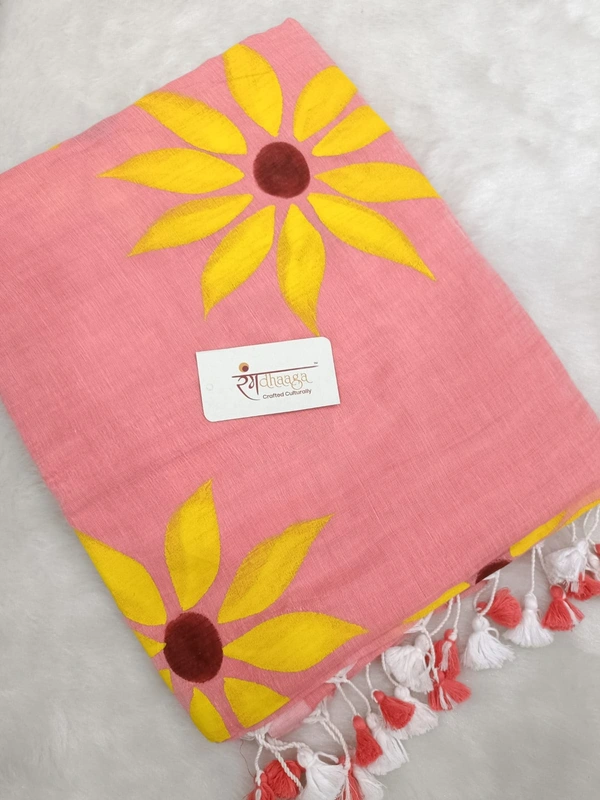 Rangdhaaga  Peach With Yellow Floral Hand Painted Saree