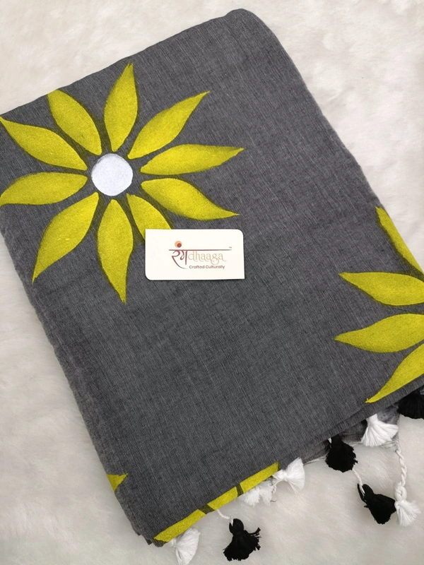 Rangdhaaga  Grey With Yellow Floral Hand Painted Saree