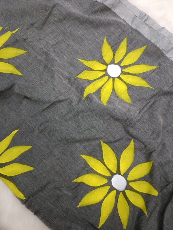 Rangdhaaga  Grey With Yellow Floral Hand Painted Saree