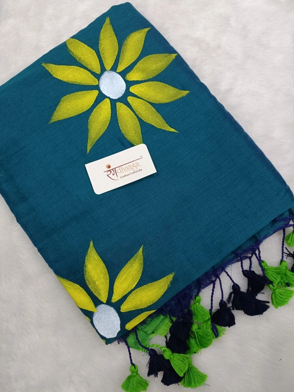 Rangdhaaga  Teal With Yellow Floral Hand Painted Saree