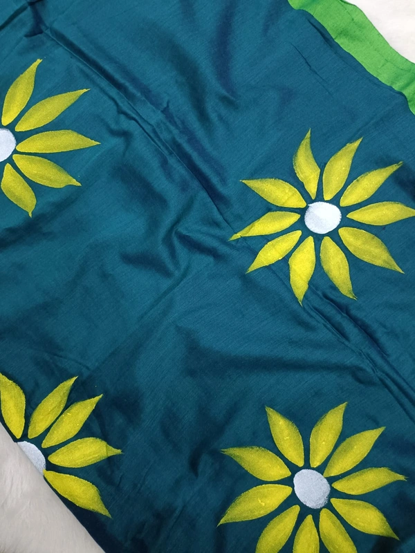 Rangdhaaga  Teal With Yellow Floral Hand Painted Saree