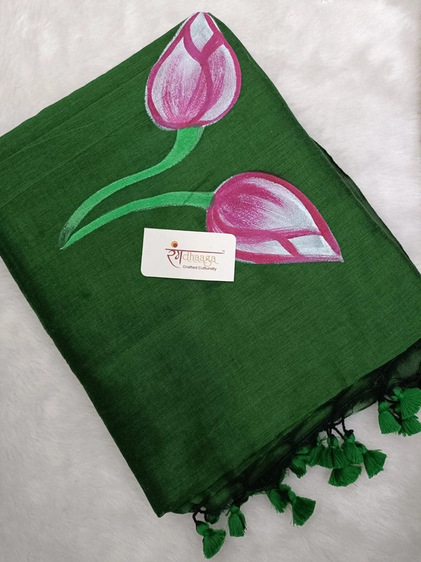 Rangdhaaga  Dark Green Floral Hand Painted Saree