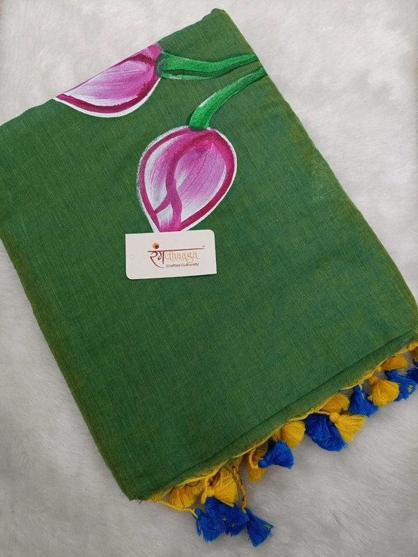 Rangdhaaga  Dark Green Floral Hand Painted Saree