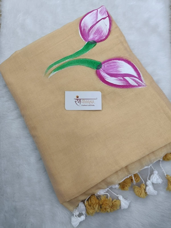 Rangdhaaga  Beige With Yellow Floral Hand Painted Saree