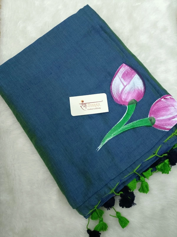 Rangdhaaga  Teal Floral Hand Painted Saree