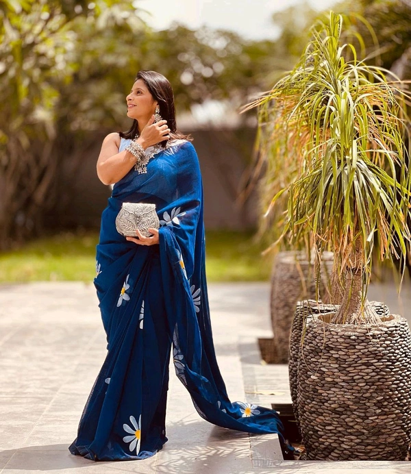 Rangdhaaga  Navy Blue Floral Hand Painted Saree