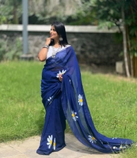 Rangdhaaga  Navy Blue Floral Hand Painted Saree