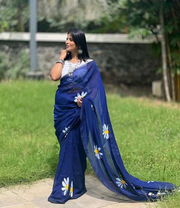 Rangdhaaga  Navy Blue Floral Hand Painted Saree