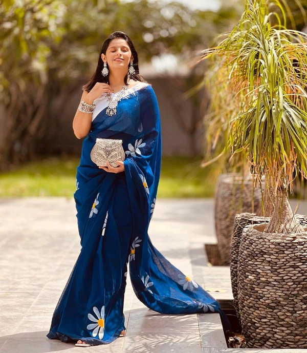 Rangdhaaga  Navy Blue Floral Hand Painted Saree
