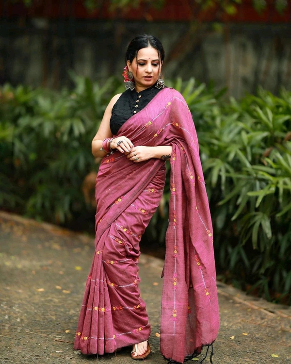 RangDhaaga Rose Pink Embroidery Khadi Saree