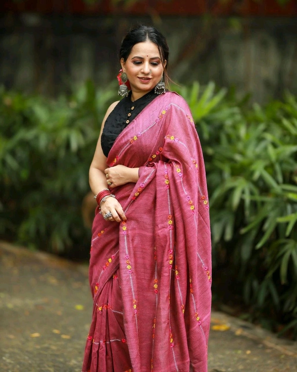 RangDhaaga Rose Pink Embroidery Khadi Saree
