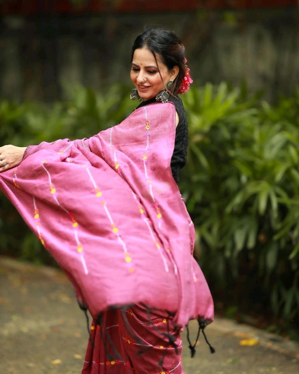 RangDhaaga Rose Pink Embroidery Khadi Saree