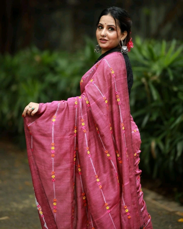 RangDhaaga Rose Pink Embroidery Khadi Saree