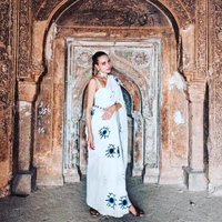 RangDhaaga White With Blue Evil Eye Hand Painted Saree