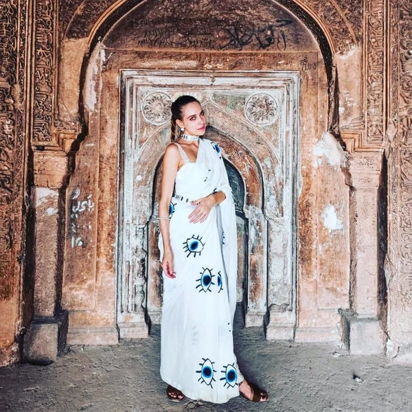 RangDhaaga White With Blue Evil Eye Hand Painted Saree