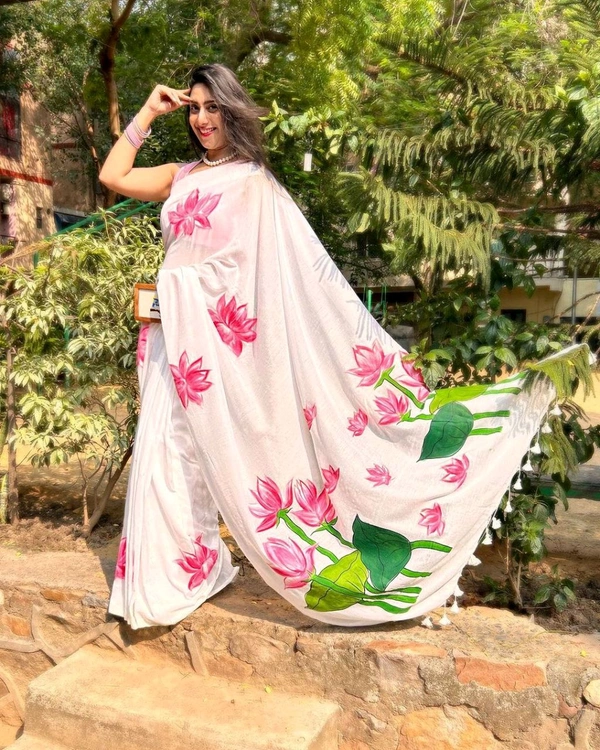 RangDhaaga White With Lotus Hand painted Saree