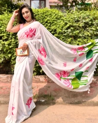 RangDhaaga White With Lotus Hand painted Saree