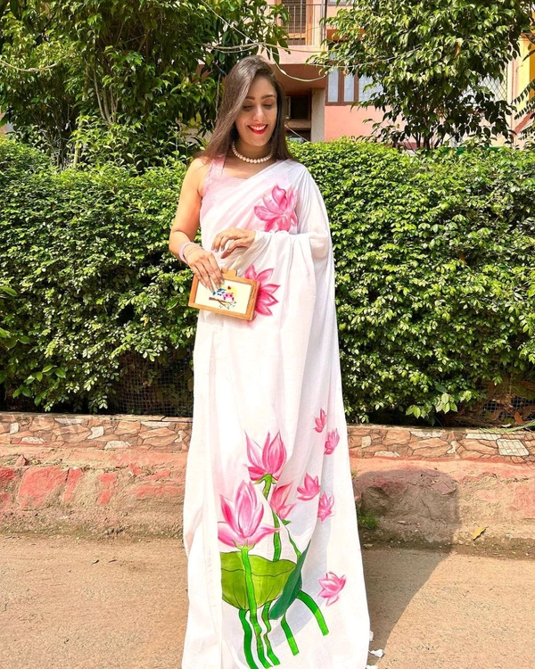 RangDhaaga White With Lotus Hand painted Saree
