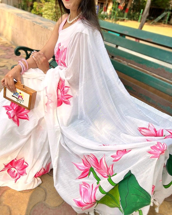 RangDhaaga White With Lotus Hand painted Saree