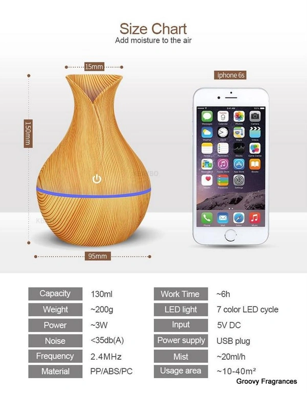 Wooden Essential Humidifier Aroma Oil Diffuser Ultrasonic Wood Air Humidifier Fashion USB Mini LED lights For Home Office - Brown