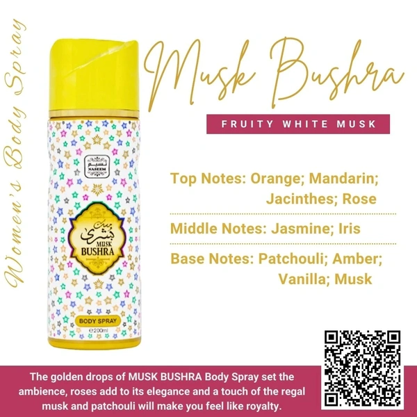 Naseem Musk Bushra Perfumed Body Spray | No Gas | Alcohol free | For Men - 200ML