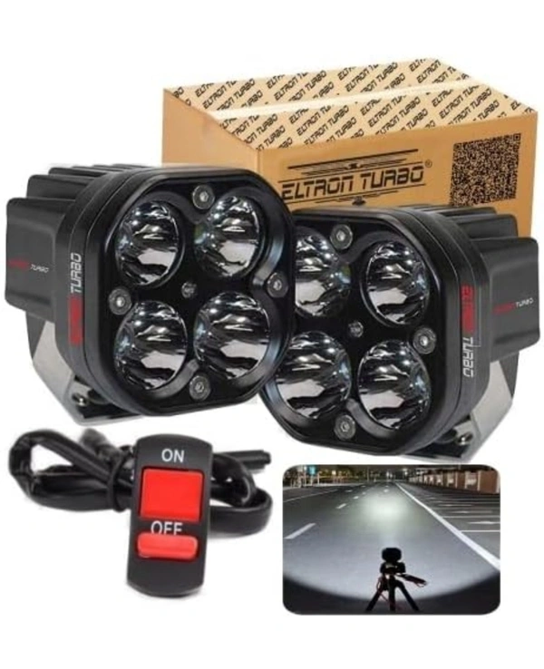 ELTRON TURBO 1 Month Warranty Original Imported 12V DC Power 4 LED Fog Light, Waterproof Head Lamp, Bar Light Universal For All Motorcycle, Bikes, Scooty (Pack of 2, Free On/Off Switch, White