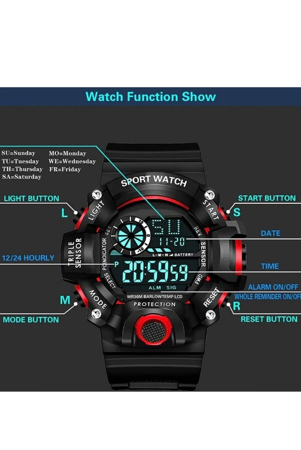 Shocknshop Digital Sports Multi Functional Black Dial Watch for Mens Boys -315RED