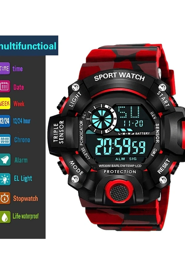 Shocknshop Digital Sports Multi Functional Black Dial Watch for Mens Boys -315RED