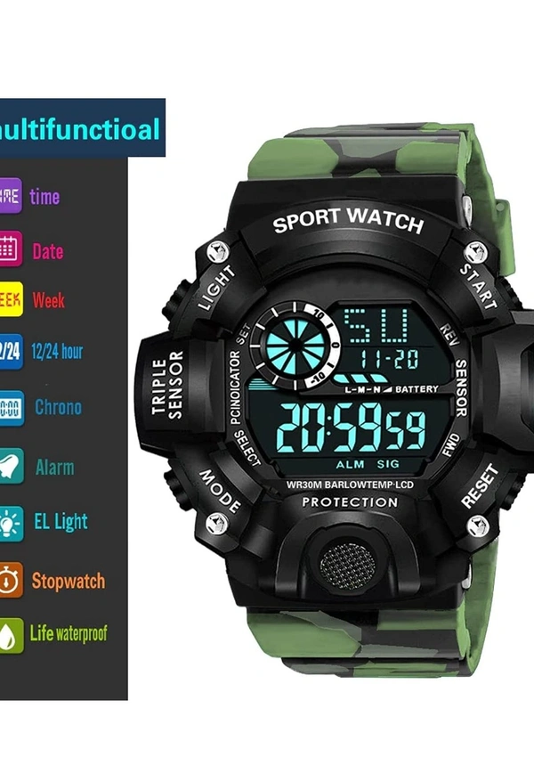 Shocknshop Digital Sports Multi Functional Black Dial Watch for Mens Boys -315RED - Olivetone