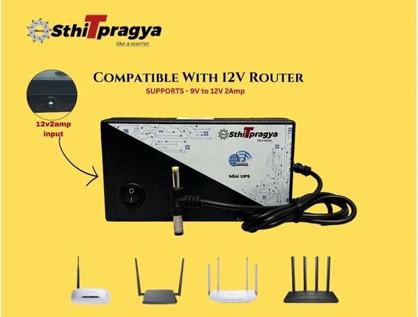 Sthitpragya Mini UPS for 12V WiFi Router | Backup Upto 3 Hours | 6000 mAh Battery | Uninterruptible Power Supply | All 12V (0.5A - 3A) WiFi Routers | Zero Lag Switching Power Backup During Power Cuts - 7*3*3, Black, 250 Grm