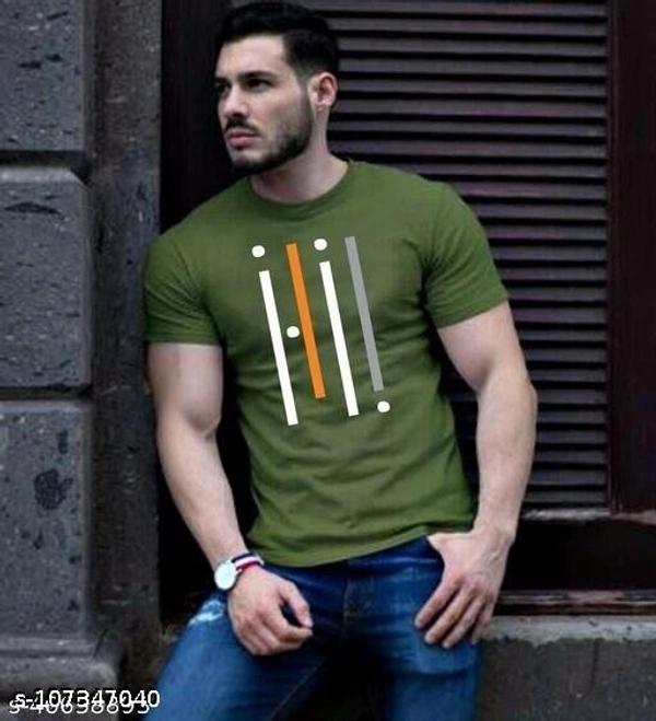 Olive 4 Line T Shirt For Men  - L