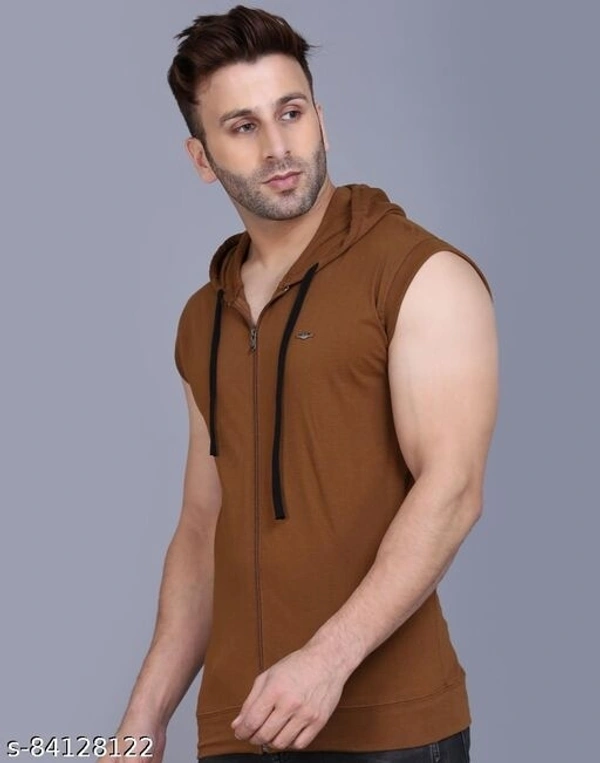 Tees Collection Stylish Fancy Fabulous Sleeveless Cutsleeves Hooded Men's Light BrownTshirt - XL