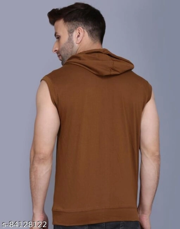 Tees Collection Stylish Fancy Fabulous Sleeveless Cutsleeves Hooded Men's Light BrownTshirt - XL