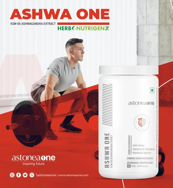 Astoneaone Herbonutrigenx Ashwa One Plus (KSM66) Stress & Wellness Supplement with Ashwagandha, Grapeseed, Green Tea & Strawberry Extract – 60 Capsules