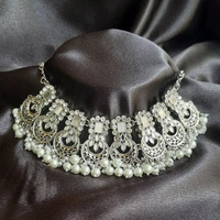 Square Shape Design Silver Plated Mirror & Pearl Necklace, Jhumka Earrings, Mangtika - Silver & White