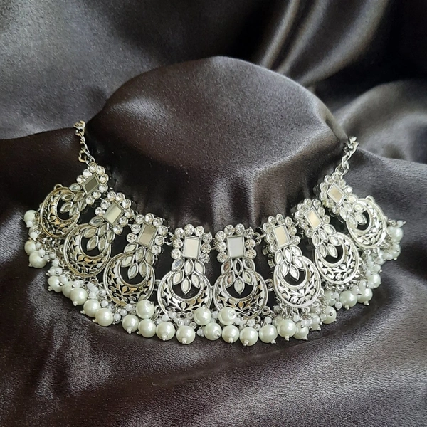 Square Shape Design Silver Plated Mirror & Pearl Necklace, Jhumka Earrings, Mangtika - Silver & White