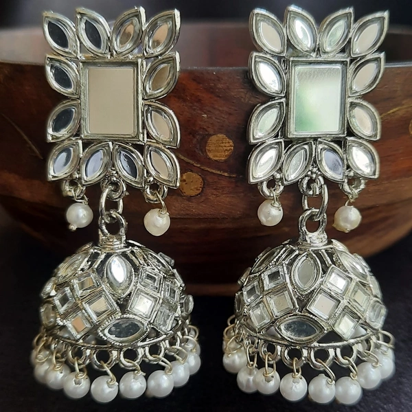 Square Shape Design Silver Plated Mirror & Pearl Necklace, Jhumka Earrings, Mangtika - Silver & White
