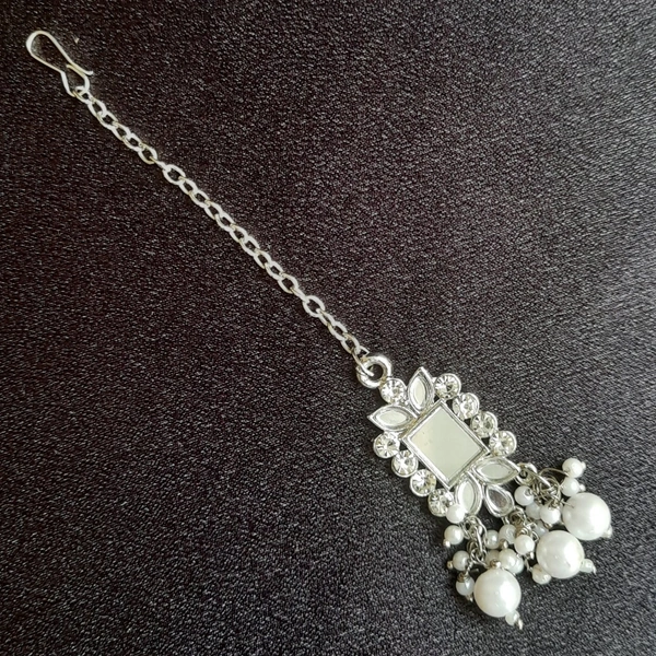 Square Shape Design Silver Plated Mirror & Pearl Necklace, Jhumka Earrings, Mangtika - Silver & White