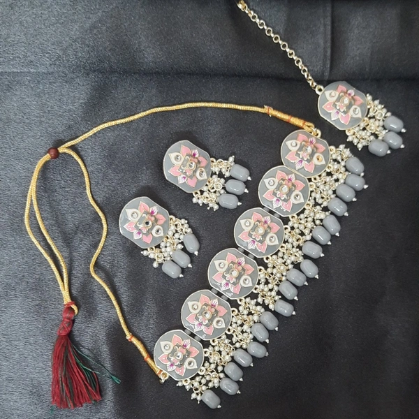 Grey Color Meenakari Choker Necklace Set - Grey