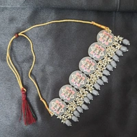 Grey Color Meenakari Choker Necklace Set - Grey