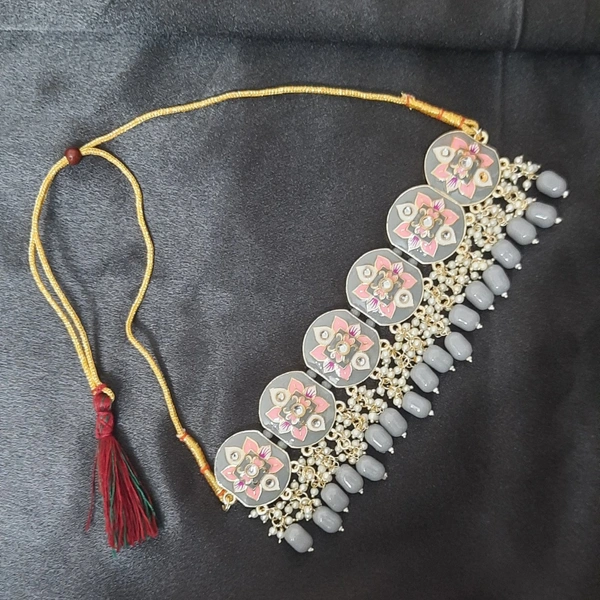 Grey Color Meenakari Choker Necklace Set - Grey
