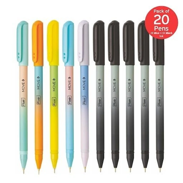 Flair FLAIR Move Fine Tip Ball Pen | Minimalistic & Aesthetic Matt Finish Pastel Body Colors | Effortless Writing With Sleek Clip Design | Blue & Black Ink, Pack Of 20 Pens