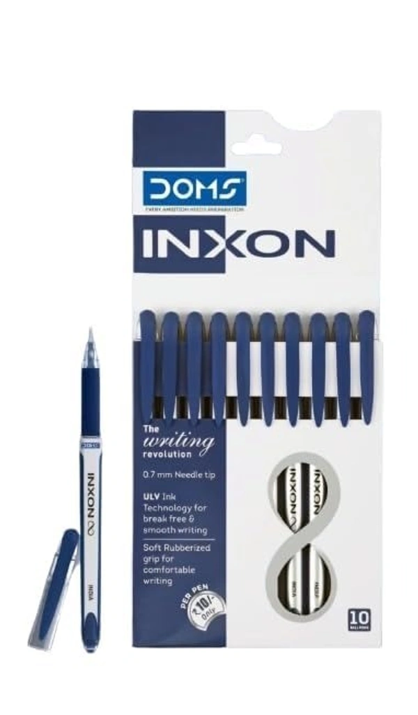Doms Inxon Blue Ball Pen| 0.7mm ULV Ink Technology| Soft Rubberized Grip| Pack of 10 Blue Ballpens
