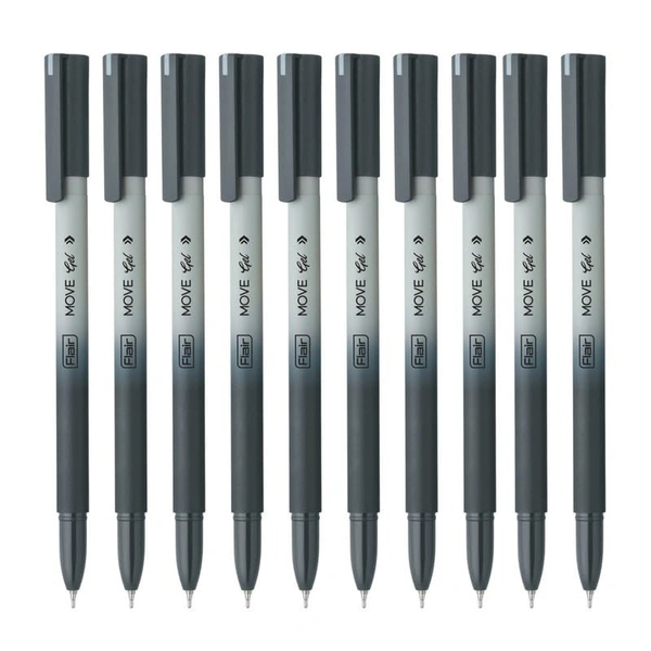 Flair FLAIR Move Gel Pen | Black & Grey Aesthetic Pastel Matt Finished Body | Effortless Writing With Sleek Clip Design | Black Ink, Set Of 10 Pens